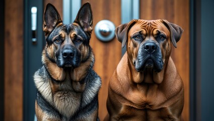 Obraz premium Depiction of two vigilant guard dogs at the doorstep, ready to ensure the home's security. This picture serves to highlight safety or security solutions.