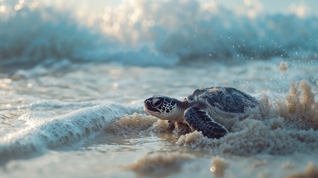 Sea turtle crawling on sandy beach with ocean waves - Powered by Adobe
