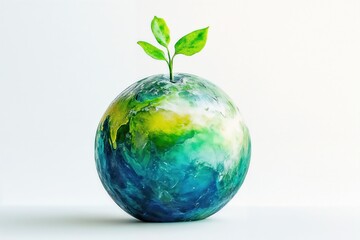 Earth globe with green sprout on white background