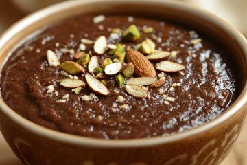 Chocolate porridge topped with almonds and pistachios