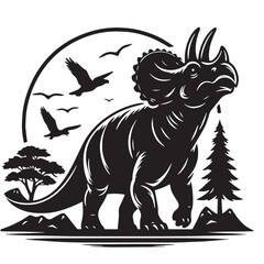 Black Color Triceratops Silhouette Vector Illustration, Solid White Background. minimal vector design