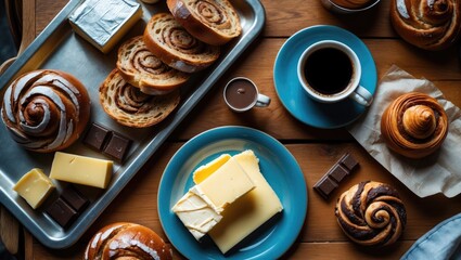 Fototapeta premium Traditional Nordic breakfast with cinnamon buns, coffee, cheese, fresh bread, butter, and chocolate.