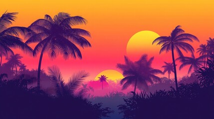 Tropical sunset with palm trees in silhouette illustration style