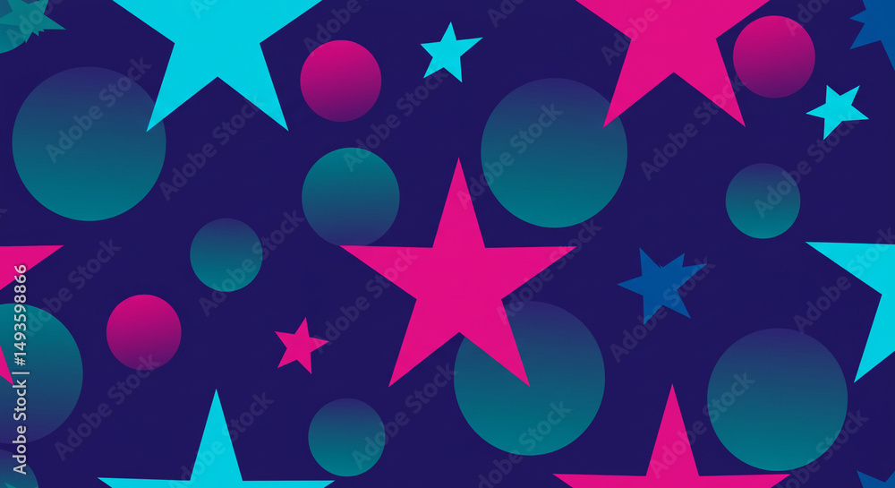 Poster abstract festive background with colorful stars and circles shapes on blue backdrop