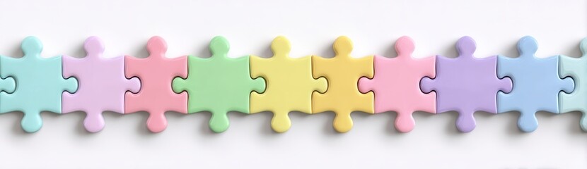 Obraz premium Colorful puzzle pieces connected in a harmonious row, evoking creativity and fun, ideal for various design applications and backgrounds