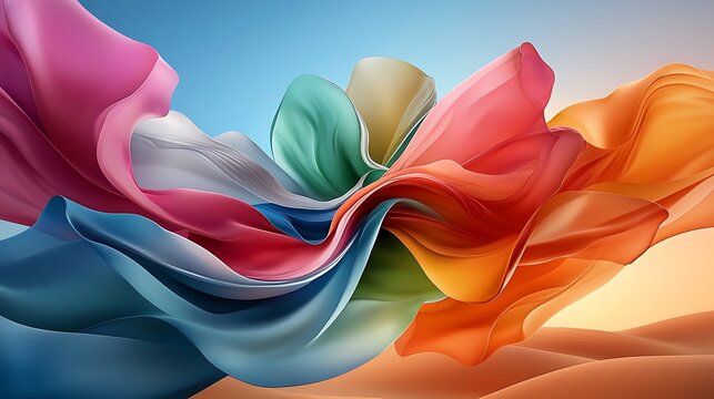 brightly colored fabric blowing in the wind with a blue sky in the background
