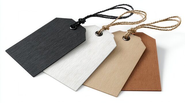 Blank cardboard tags in various colors ready for personalization on a clean white backdrop