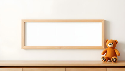 Horizontal wooden frame mockup for neutral nursery to showcase artwork, photo, print, empty frame, toy bear, wooden shelf, Dynamic motion. with white shades