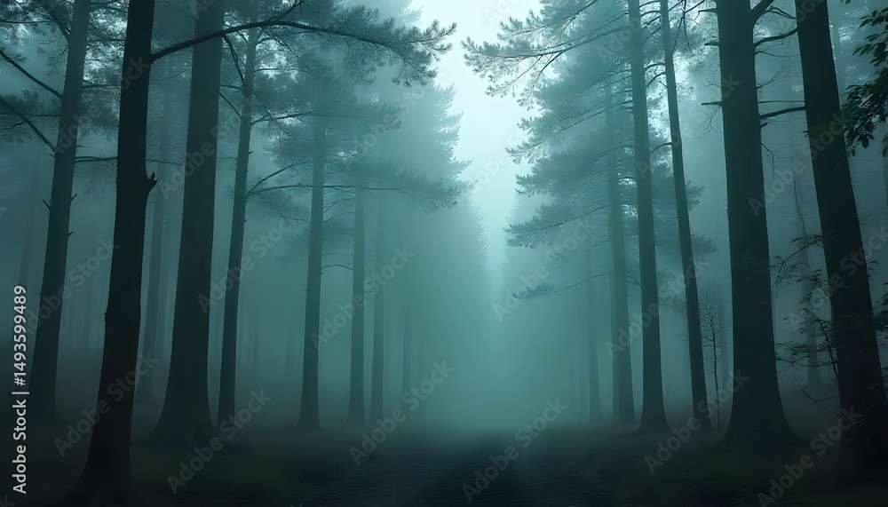Poster misty forest scenery with tall trees and dense fog creating an eerie and mysterious atmosphere