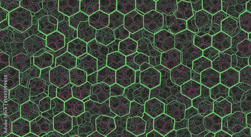 Poster abstract hexagonal pattern with green and purple accents on dark background