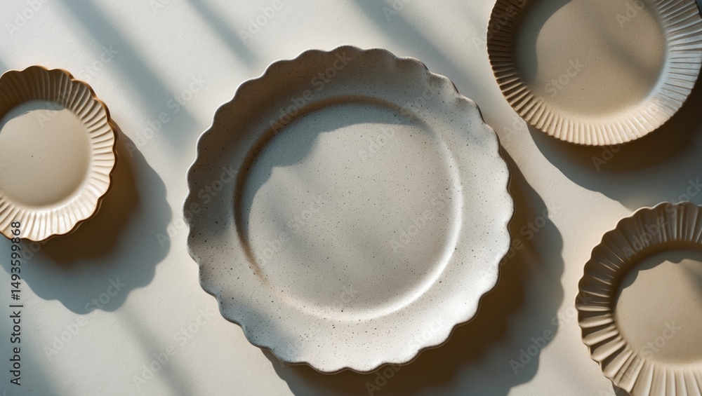 Poster flat lay of three different-sized stoneware plates on a background. top-down view. natural-colored d