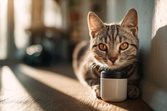A charming tabby cat relaxing indoors, resting with its eyes fixed on the camera in the sunny room.