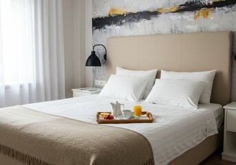 Inviting Hotel Room Morning: Breakfast in Bed with Fresh Juice & Coffee, Cozy Linens, Relaxing Vacation Getaway, Travel & Hospitality Scene
