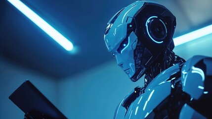 Futuristic robot holding device in blue neon light