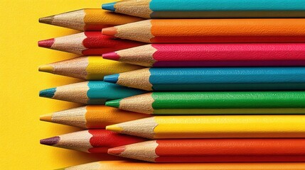 Brightly colored pencils arranged on a vibrant yellow background celebrate creativity and learning in an artistic school concept