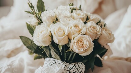 Wedding bouquet of white roses on soft fabric