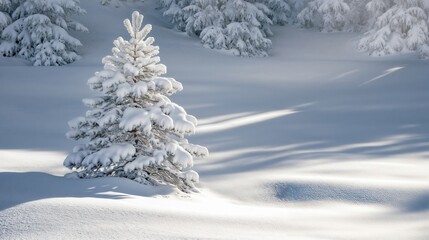 Snow-covered pine tree in winter mountain landscape