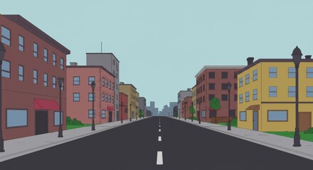 Obraz premium Cartoon City Street Background – Empty Urban Road with Buildings and Lampposts in Flat Animated Style for 2D Animation, Games, and Videos