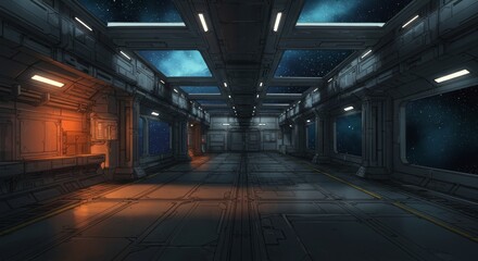 Obraz premium Futuristic 3D sci-fi interior of a spaceship corridor featuring metallic walls, glowing orange lights, and a large viewport showing stars in space. The environment has a clean, high-tech design with d