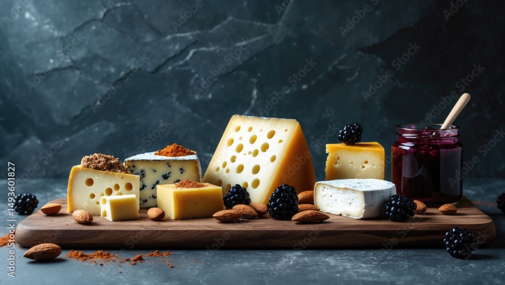 Poster cheese collection on a dark stone background featuring copy space. different cheese types with spice