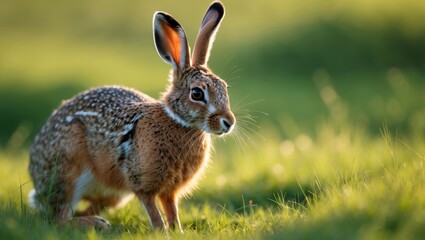 Fototapeta premium Wild animal hare in the stunning light on green grassland habitat