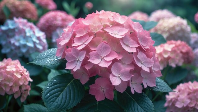 Pink hydrangea in bloom surrounded by a soft-focus flower background. - Powered by Adobe