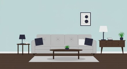 Cartoon Living Room Interior – Cozy Animated Style Sofa with Lamps and Window View for Backgrounds, Animation, and Sitcom Scenes