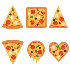Pizza slices with various shapes and toppings