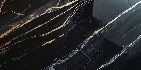 Polished black marble design with gold and white vein patterns, luxury surface background for minimal design, interior visuals, and branding elements

