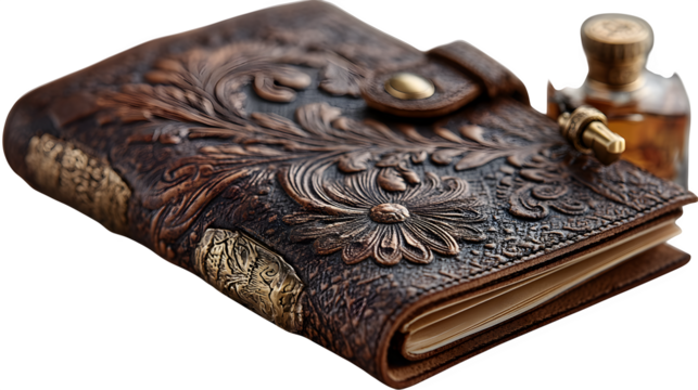 A vintage leather-bound journal with embossed floral patterns, evoking classic writing traditions, placed on white --ar 16:9 --v 7.0 --s 750