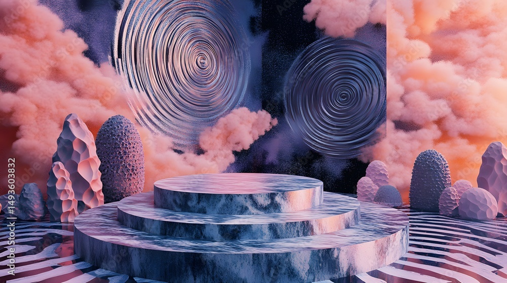 Poster abstract pedestal display with swirling patterns and soft clouds.