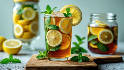 Chilled tea with lemon wedges and mint leaves served in a glass on a background.