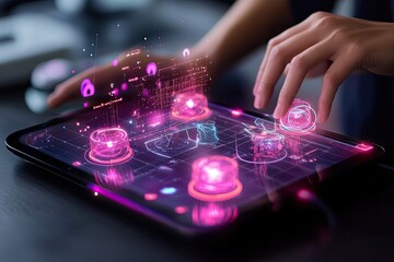 Hands interacting with holographic tablet display