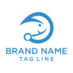 Contemporary blue logo with a minimalist illustration of an abstract fish contained within a circle. Represents aquatic life, freshness, or a connection to the sea. Good for various businesses.