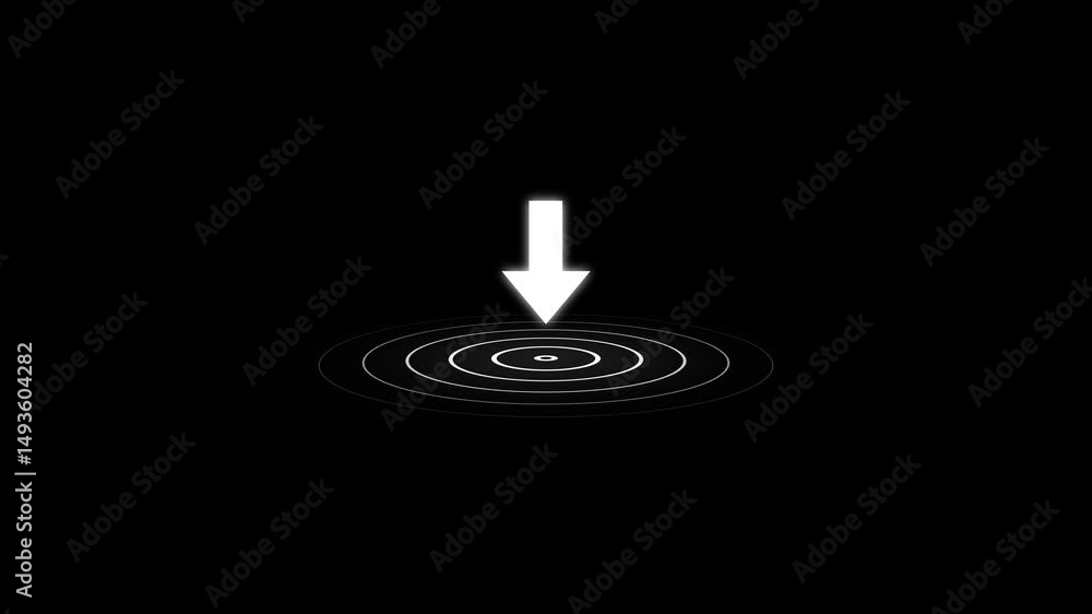 Poster animated arrow pointing down on blue background. abstract glowing down arrow icon animated arrown.
