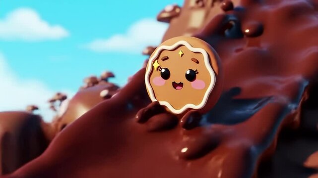 Animated Cookie Character with Icing on a Chocolate River Under a Blue Sky