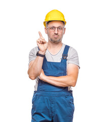 Angry construction worker pointing finger up with the index finger a showing problem, isolated on white background. Fury repairman screaming. Craftsman against white wall