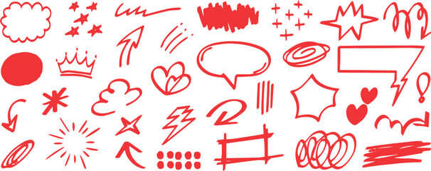 Hand drawn round, arrow, crooked set line art vector