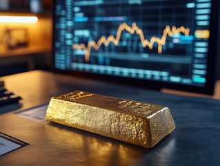 Gold Bar and Stock Market Graph on Computer Screen gold market graph computer gold bar investment ai