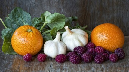 Fresh oranges garlic berries and greens on rustic table