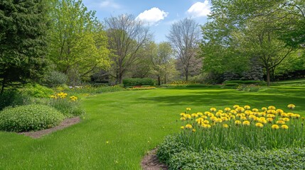 Obraz premium Lovely spring scene. Fresh green grass and yellow dandelions bloom in a garden with trees. 