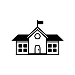 Retro School Building Vector – Black Outline of Classic Academic Structure

