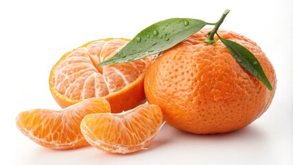 Fresh Mandarin Orange with Leaves and Segments on White, citrus , fruit