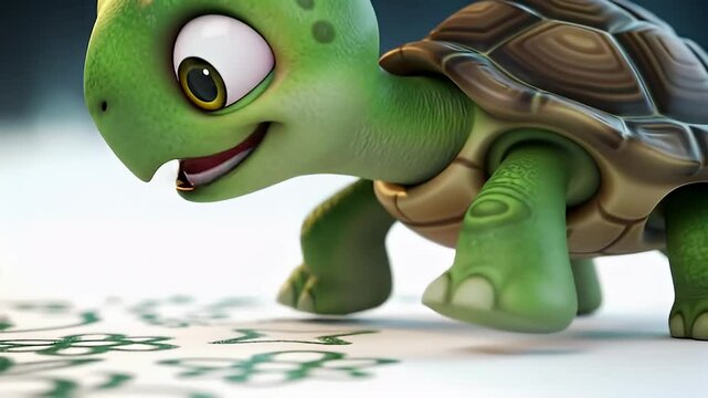 Animated Green Turtle with Brown Shell Eyes Standing on White Surface