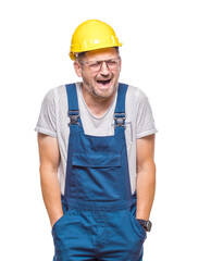 Portrait of crying sad depressed young construction worker, isolated on white background. Closeup depressed lonely craftsman. Studio shot