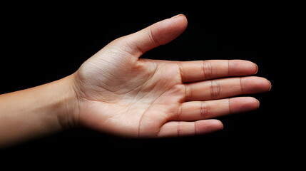 Extended female hand with open palm on black background