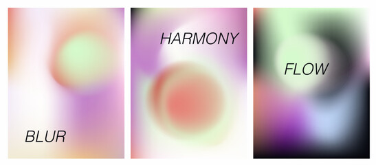 Posters with soft, blurred gradient backgrounds in pastel and neon hues, showcasing the modern blur gradient style popular in contemporary visual and UI design.