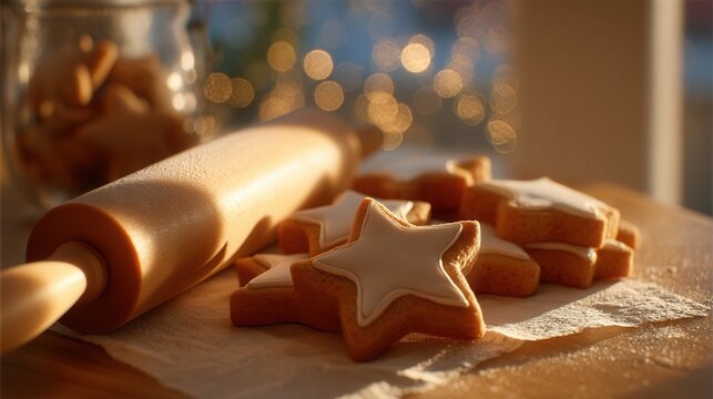 Baking star-shaped gingerbread cookies in golden light during the festive holiday season - Powered by Adobe