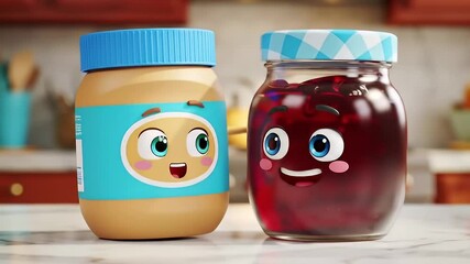 Animated Peanut Butter And Jelly Jars with Faces on Kitchen Background - Powered by Adobe