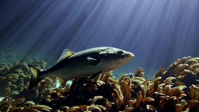 Underwater video scene of a fish swimming over coral, captured from a side angle with sun rays filtering through the water, creating a serene atmosphere.